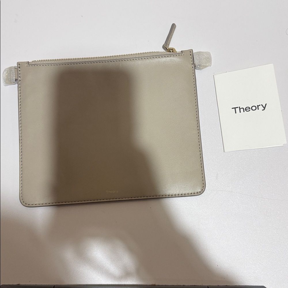 Theory Minimalist Transformer Liden Lamb Leather Pouch Clutch Bag Light Gray